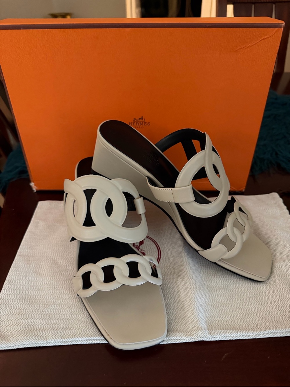 Hermes White Leather Chain-Link Wedge Sandals